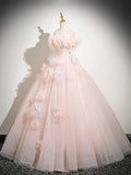 Pink Tulle Floor Length Formal Dress with Flowers, Beautiful Princess Sweet 16 Dress HZ0429