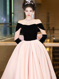 Black Velvet and Pink Satin Long Prom Dress, Beautiful A-Line Off the Shoulder Party Dress HZ0429