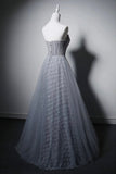 Elegant Grey Strapless Tulle Evening Gown with Rhinestone Bodice HZ0429