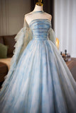 Blue Printed Pattern Tulle Long Prom Dress, Blue A-Line Evening Party Dress with Cape HZ0429