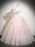 Pink Tulle Floor Length Formal Dress with Flowers, Beautiful Princess Sweet 16 Dress HZ0429
