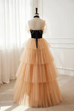 Black Velvet and Tulle Layers Long Party Dress, Strapless A-Line Formal Dress HZ0429