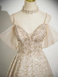 Champagne Tulle Sequins Floor Length Prom Dress, A-Line Spaghetti Strap Party Dress HZ0429