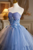 Blue Strapless Tulle Long Prom Dress, Lovely A-Line Evening Party Dress HZ0429