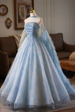 Blue Printed Pattern Tulle Long Prom Dress, Blue A-Line Evening Party Dress with Cape HZ0429