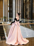 Black Velvet and Pink Satin Long Prom Dress, Beautiful A-Line Off the Shoulder Party Dress HZ0429