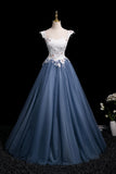 White Floral and Gray Tulle Long Prom Dress, Beautiful A-Line Party Dress HZ0429