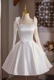 White Satin Knee Length Prom Dress, Lovely A-Line Party Dress White Bow HZ0429