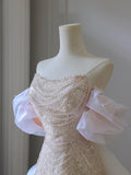 Pink Sequins Strapless Pearls Prom Dress, Beautiful Pink A-Line Party Dress HZ0429