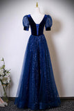 Blue Velvet and Tulle Sequins Long Prom Dress, Blue Evening Party Dress HZ0429