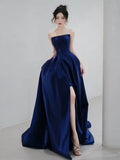 Blue Strapless Satin Long Prom Dress, Beautiful A-Line Evening Party Dress with Slit HZ0429