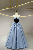 Blue Strapless Satin Tulle Long Prom Dress, Beautiful A-Line Princess Dress HZ0429