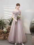 Purple Tulle Beaded Long Prom Dress, Off the Shoulder Evening Party Dress HZ0429