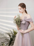Purple Tulle Beaded Long Prom Dress, Off the Shoulder Evening Party Dress HZ0429
