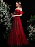 Burgundy Strapless Tulle Long Prom Dress, Burgundy A-Line Evening Party Dress HZ0429