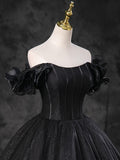 Black Sparkly Tulle Off the Shoulder Long Formal Dress, Elegant A-Line Black Evening Party Dress HZ0429