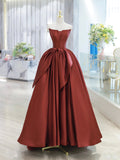 Burgundy Strapless Satin Long Prom Dress, Beautiful A-Line Evening Party Dress HZ0429