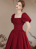 Burgundy Satin Formal Evening Gown with Puff Sleeve, A-Line Long Prom Dress HZ0429