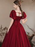 Burgundy Satin Formal Evening Gown with Puff Sleeve, A-Line Long Prom Dress HZ0429
