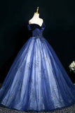 Blue Velvet and Tulle Long Formal Dress, Beautiful Off the Shoulder Prom Party Dress HZ0429