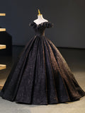 Black V-Neck Floor Length Formal Dress, A-Line Off the Shoulder Evening Party Dress HZ0429