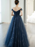 Blue Shiny Tulle Floor Length Prom Dress, Off the Shoulder A-Line Evening Party Dress HZ0429