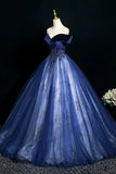 Blue Velvet and Tulle Long Formal Dress, Beautiful Off the Shoulder Prom Party Dress HZ0429