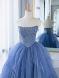 Blue Strapless Tulle Sequins Long Prom Dress, Beautiful A-Line Formal Party Dress HZ0429