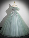 Cute Tulle Lace Long Prom Dress, A-Line Scoop Neckline Off Shoulder Evening Party Dress HZ0429