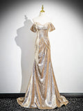Gold Sequins Long Prom Dress, Shiny Off the Shoulder Evening Party Dress HZ0429