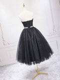 Black Shiny Tulle Tea Length Prom Dress, Black Strapless A-Line Party Dress HZ0429
