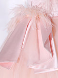 Pink Strapless Tulle Long Formal Dress, Pink A-line Prom Dress with Feathers HZ0429