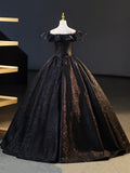 Black V-Neck Floor Length Formal Dress, A-Line Off the Shoulder Evening Party Dress HZ0429
