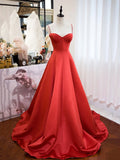Red Spaghetti Strap Satin Long Prom Dress, Simple A-Line Backless Evening Party Dress HZ0429