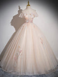 Champagne Tulle Floor Length Prom Dress, Off the Shoulder Evening Party Dress HZ0429