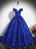 Blue Sequins Floor Length Prom Dress, Elegant A-Line Formal Evening Dress HZ0429
