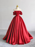 Red/Navy Satin Floor Length Prom Dress, Red/Navy Off the Shoulder Evening Party Dress HZ0429