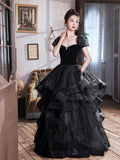 Black Velvet and Tulle Long Party Dress, Black A-Line Evening Dress Party Dress HZ0429