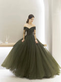 Green Tulle Long A-Line Prom Dress, Off the Shoulder Long Sleeve Tulle Party Dress HZ0429