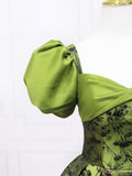 Green Printed Pattern Floor Length Prom Dress, Elegant Off the Shoulder Formal Dress HZ0429