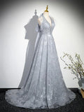 Elegant V-Neck Tulle Sequins Long Prom Dress, Gray A-Line Backless Party Dress HZ0429