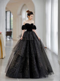Black Velvet and Tulle Layers Long Formal Dress, Black Sweetheart Neck Evening Party Dress HZ0429