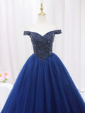 Blue Tulle Beaded Long Prom Dress, Off the Shoulder Evening Party Dress HZ0429