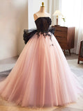 Black and Pink Tulle Lace Long Prom Dress, A-Line Strapless Evening Sweet 16 Dress HZ0429