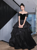 Black Velvet and Tulle Long Party Dress, Black A-Line Evening Dress Party Dress HZ0429
