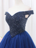 Blue Tulle Beaded Long Prom Dress, Off the Shoulder Evening Party Dress HZ0429