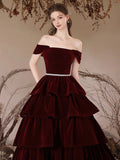 Burgundy Velvet Layers Long Prom Dress, Beautiful A-Line Off the Shoulder Evening Party Dress HZ0429