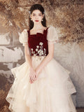 Burgundy Velvet and Champagne Tulle Long Prom Dress, Lovely A-Line Short Sleeve Evening Party Dress HZ0429