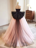 Black and Pink Tulle Lace Long Prom Dress, A-Line Strapless Evening Sweet 16 Dress HZ0429
