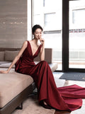 Burgundy V-Neck Satin Long Prom Dress, Elegant Backless Evening Party Dress HZ0429